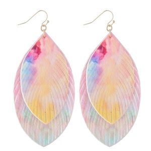 Double Layered Faux Leather Tie-Dye Feather Tassel Statement Earrings